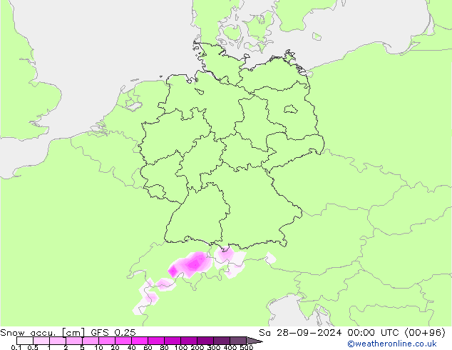 Snow accu. GFS 0.25 Sa 28.09.2024 00 UTC