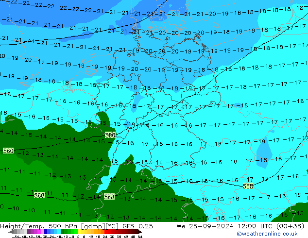 Height/Temp. 500 hPa GFS 0.25 mer 25.09.2024 12 UTC