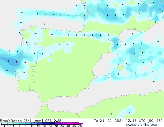 Totale neerslag (6h) GFS 0.25 di 24.09.2024 18 UTC