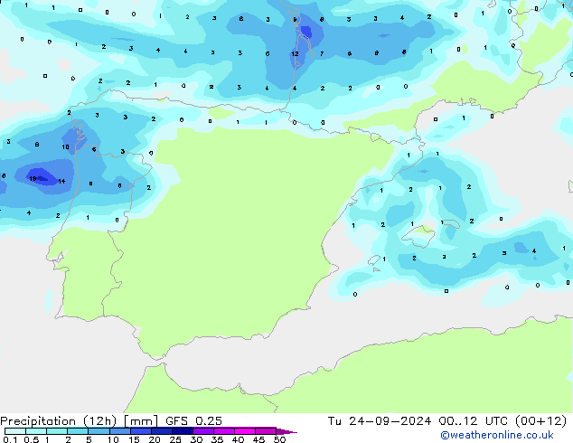 Precipitation (12h) GFS 0.25 Tu 24.09.2024 12 UTC