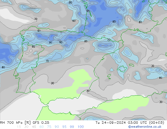 RH 700 гПа GFS 0.25 вт 24.09.2024 03 UTC