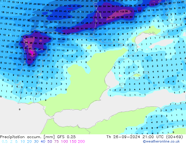 Precipitation accum. GFS 0.25 Th 26.09.2024 21 UTC