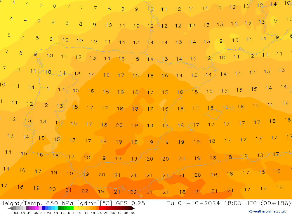 Z500/Rain (+SLP)/Z850 GFS 0.25 wto. 01.10.2024 18 UTC