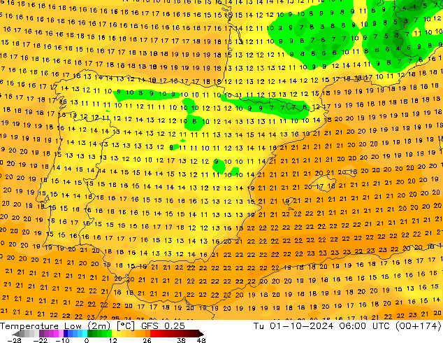 Minumum Değer (2m) GFS 0.25 Sa 01.10.2024 06 UTC