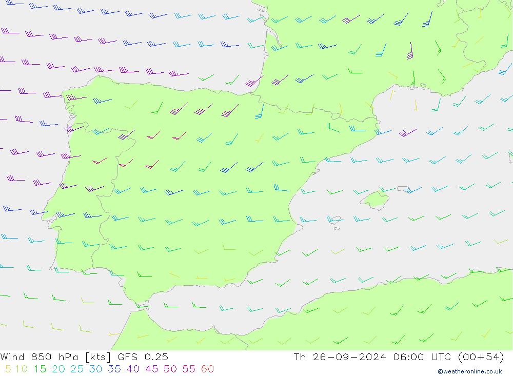 Vento 850 hPa GFS 0.25 Qui 26.09.2024 06 UTC