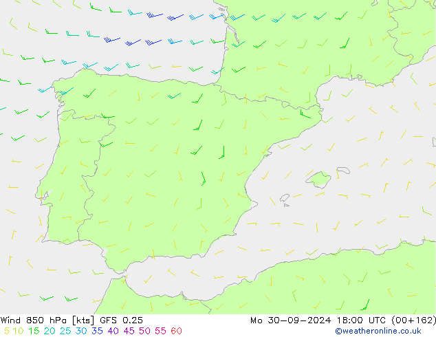 Viento 850 hPa GFS 0.25 lun 30.09.2024 18 UTC