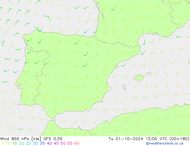 wiatr 850 hPa GFS 0.25 wto. 01.10.2024 12 UTC