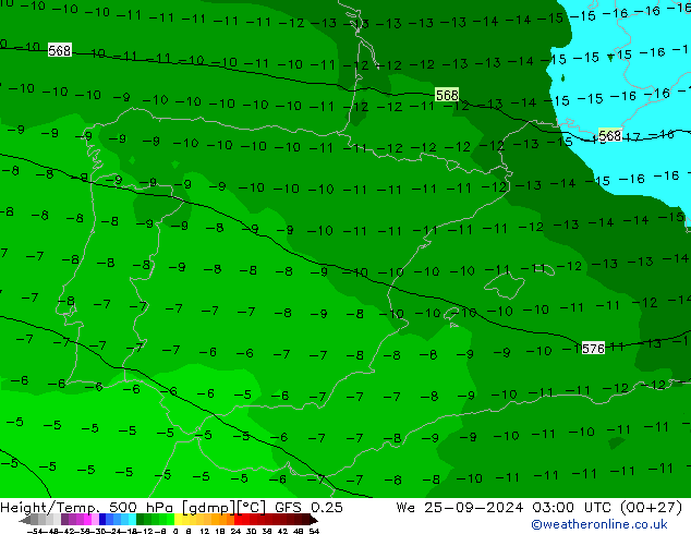 Z500/Rain (+SLP)/Z850 GFS 0.25 Qua 25.09.2024 03 UTC