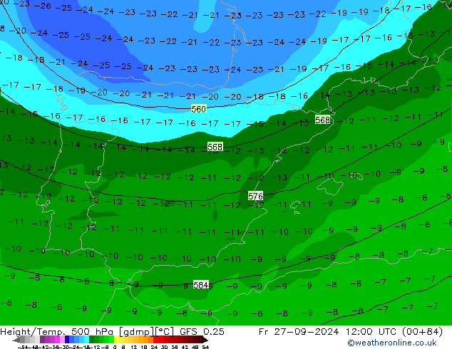 Z500/Rain (+SLP)/Z850 GFS 0.25 pt. 27.09.2024 12 UTC