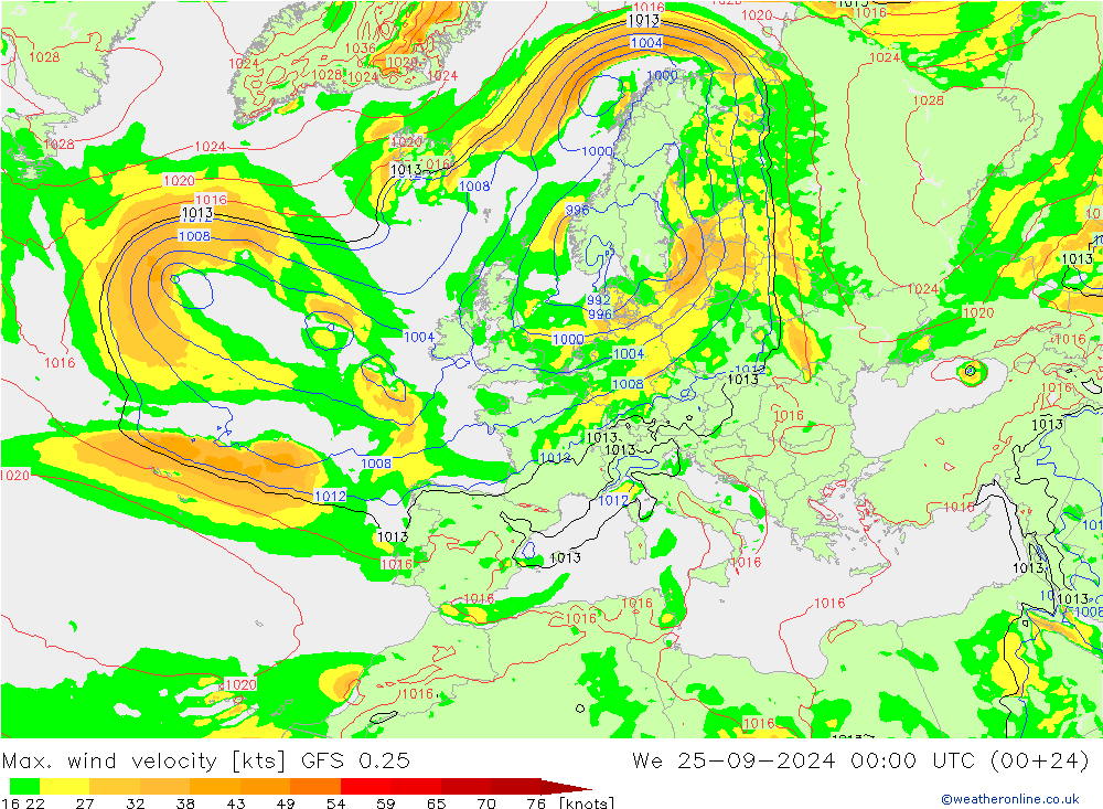 Max. wind velocity GFS 0.25 mer 25.09.2024 00 UTC