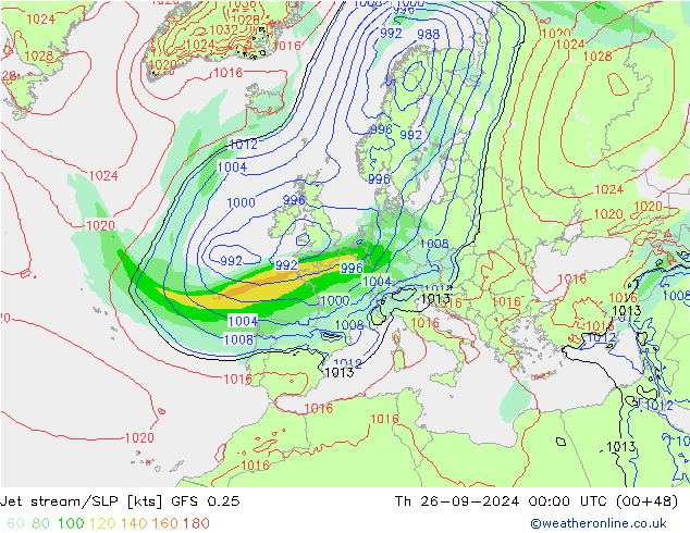 Corrente a getto GFS 0.25 gio 26.09.2024 00 UTC