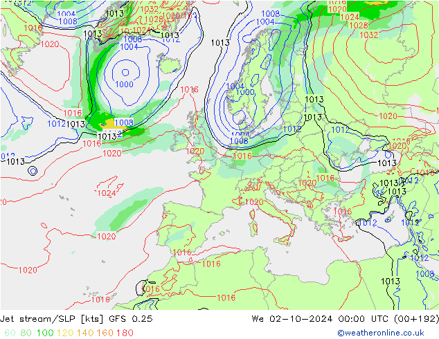 Jet stream/SLP GFS 0.25 We 02.10.2024 00 UTC