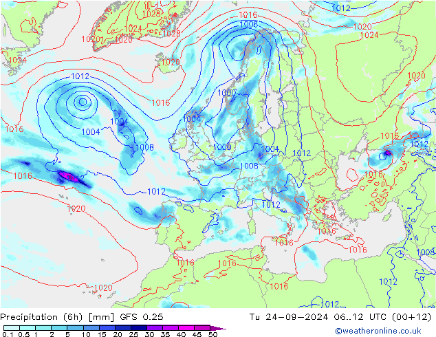 Z500/Rain (+SLP)/Z850 GFS 0.25 Út 24.09.2024 12 UTC