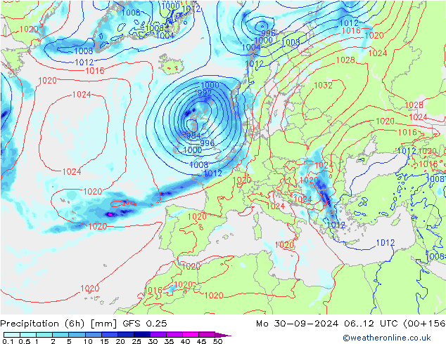 Z500/Rain (+SLP)/Z850 GFS 0.25 Po 30.09.2024 12 UTC