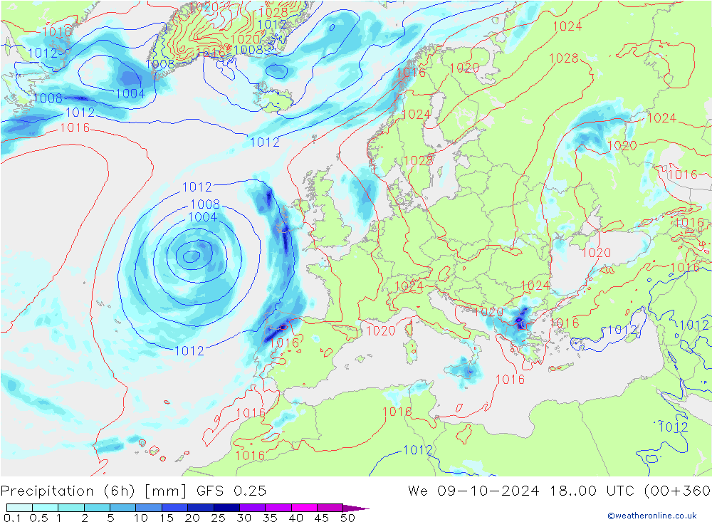 Z500/Rain (+SLP)/Z850 GFS 0.25 We 09.10.2024 00 UTC