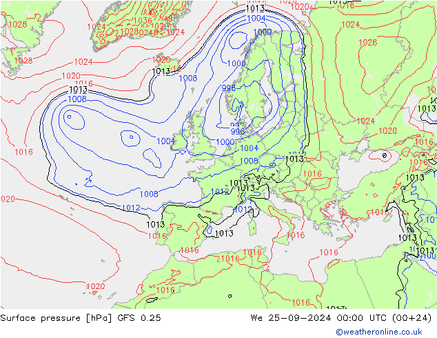 Surface pressure GFS 0.25 We 25.09.2024 00 UTC