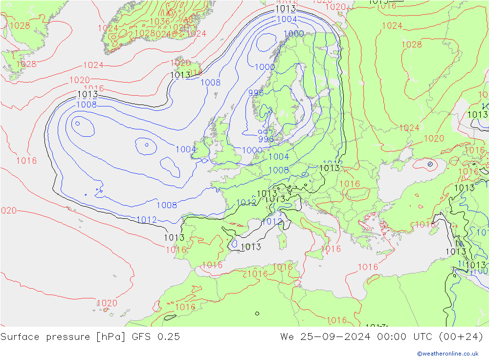 Atmosférický tlak GFS 0.25 St 25.09.2024 00 UTC