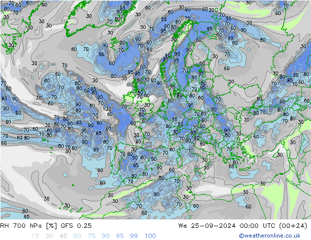 RH 700 hPa GFS 0.25 Mi 25.09.2024 00 UTC