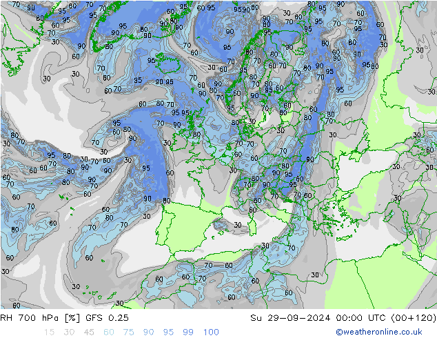 RH 700 hPa GFS 0.25 nie. 29.09.2024 00 UTC