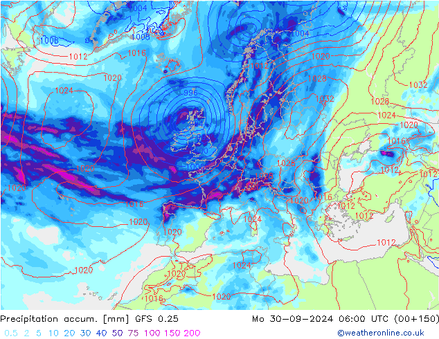 Precipitation accum. GFS 0.25 пн 30.09.2024 06 UTC