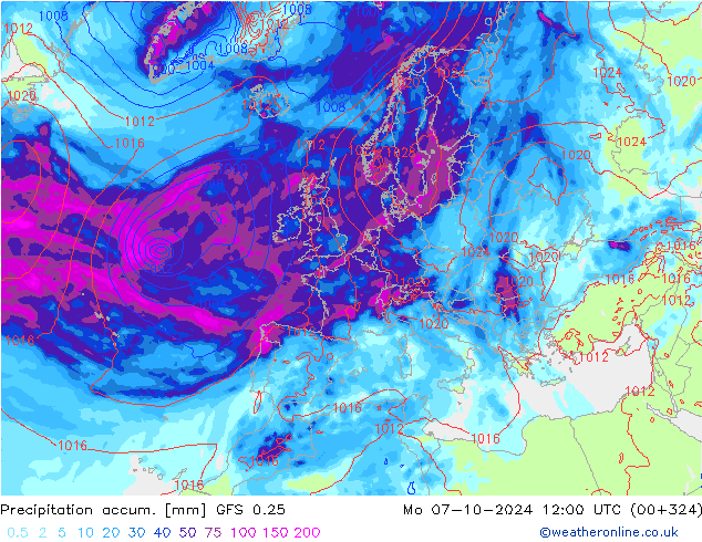 Precipitation accum. GFS 0.25 pon. 07.10.2024 12 UTC