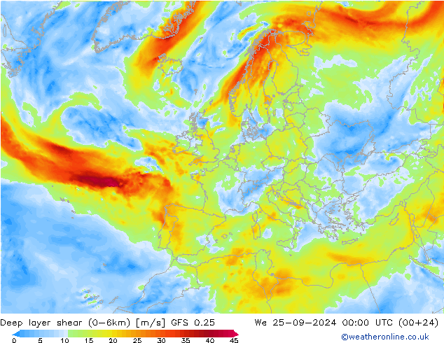 Deep layer shear (0-6km) GFS 0.25 Qua 25.09.2024 00 UTC