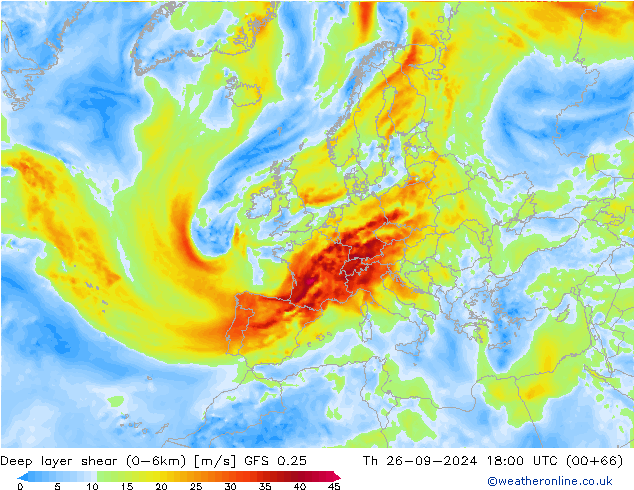 Deep layer shear (0-6km) GFS 0.25 Th 26.09.2024 18 UTC