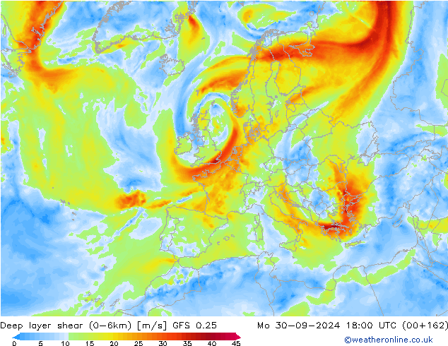 Deep layer shear (0-6km) GFS 0.25 pon. 30.09.2024 18 UTC