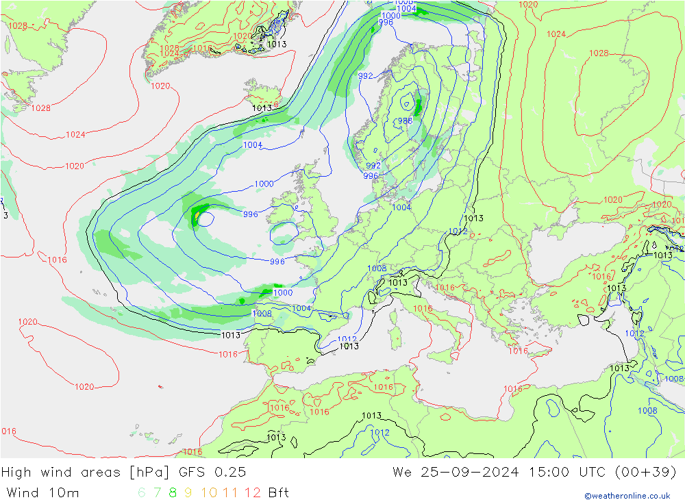 yüksek rüzgarlı alanlar GFS 0.25 Çar 25.09.2024 15 UTC