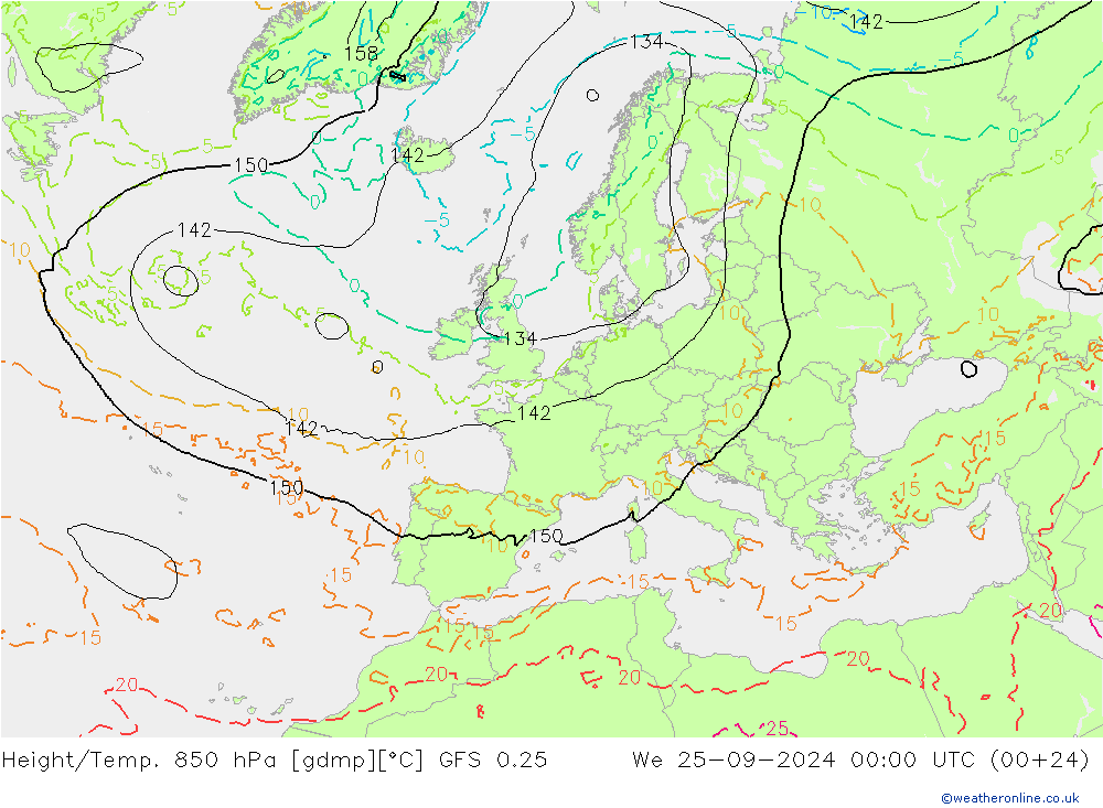 Height/Temp. 850 hPa GFS 0.25 We 25.09.2024 00 UTC