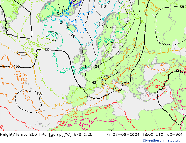 Height/Temp. 850 гПа GFS 0.25 пт 27.09.2024 18 UTC