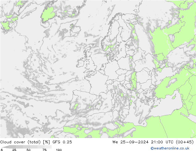 Cloud cover (total) GFS 0.25 We 25.09.2024 21 UTC