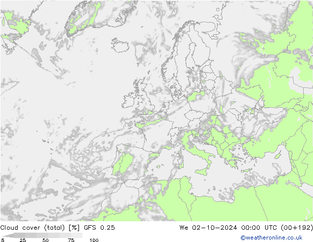 Wolken (gesamt) GFS 0.25 Mi 02.10.2024 00 UTC