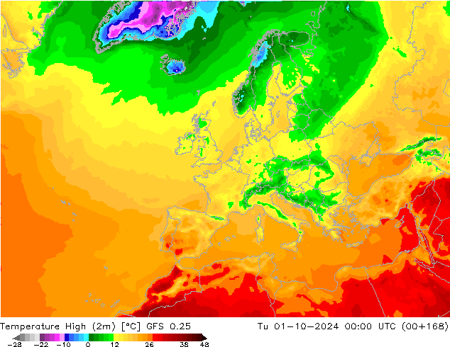 Höchstwerte (2m) GFS 0.25 Di 01.10.2024 00 UTC