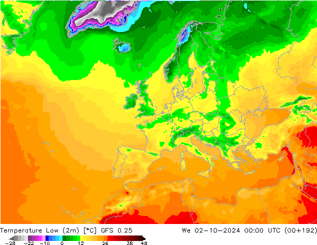 température 2m min GFS 0.25 mer 02.10.2024 00 UTC