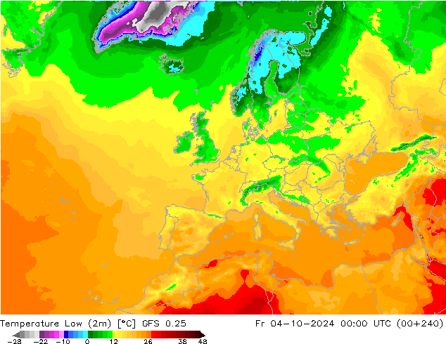 temperatura mín. (2m) GFS 0.25 Sex 04.10.2024 00 UTC