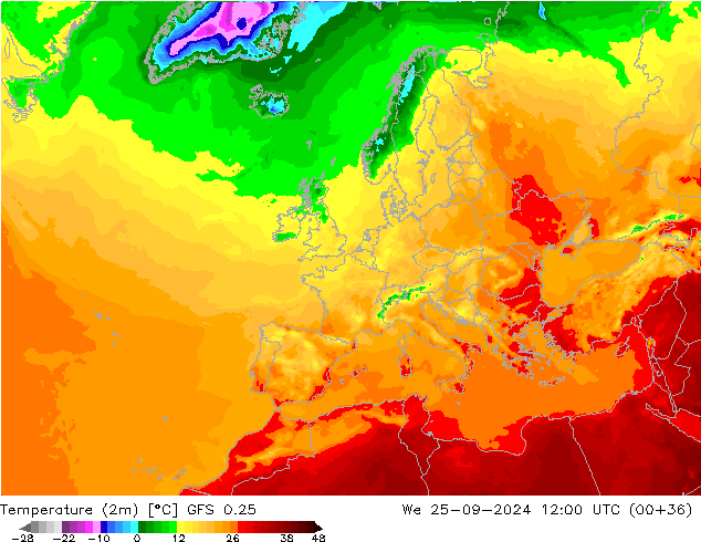 Temperature (2m) GFS 0.25 We 25.09.2024 12 UTC