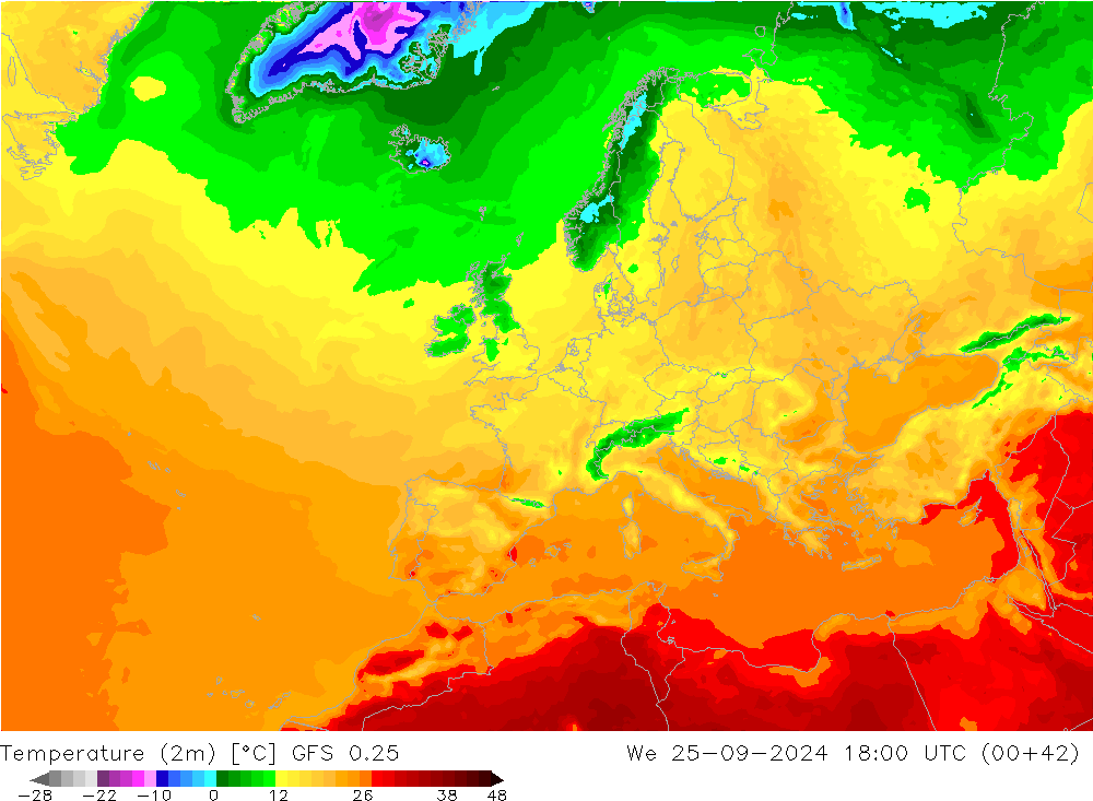 Temperatura (2m) GFS 0.25 mer 25.09.2024 18 UTC