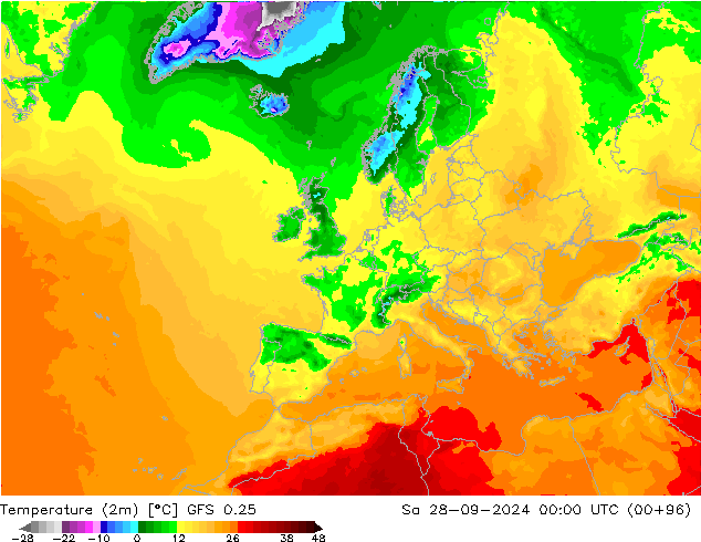 Temperaturkarte (2m) GFS 0.25 Sa 28.09.2024 00 UTC