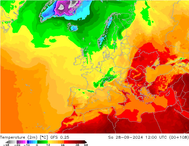 Temperatura (2m) GFS 0.25 Sáb 28.09.2024 12 UTC