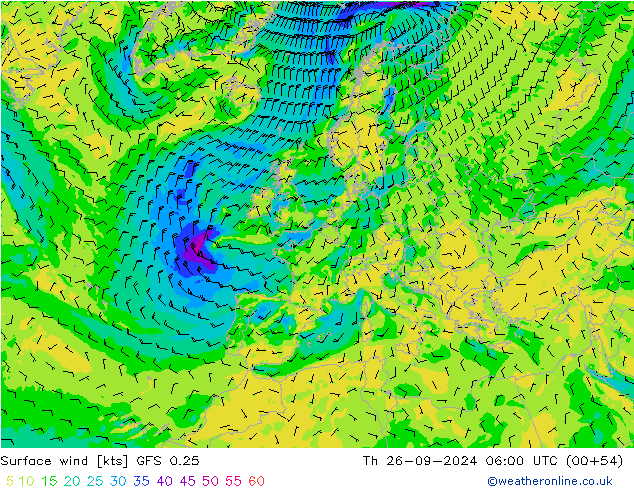 Viento 10 m GFS 0.25 jue 26.09.2024 06 UTC