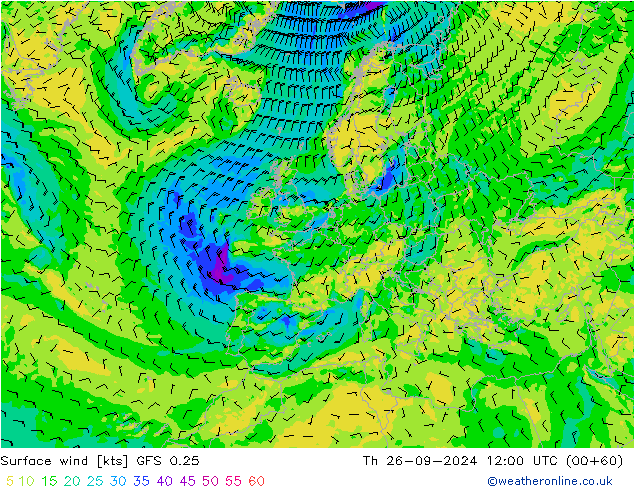 Wind 10 m GFS 0.25 do 26.09.2024 12 UTC