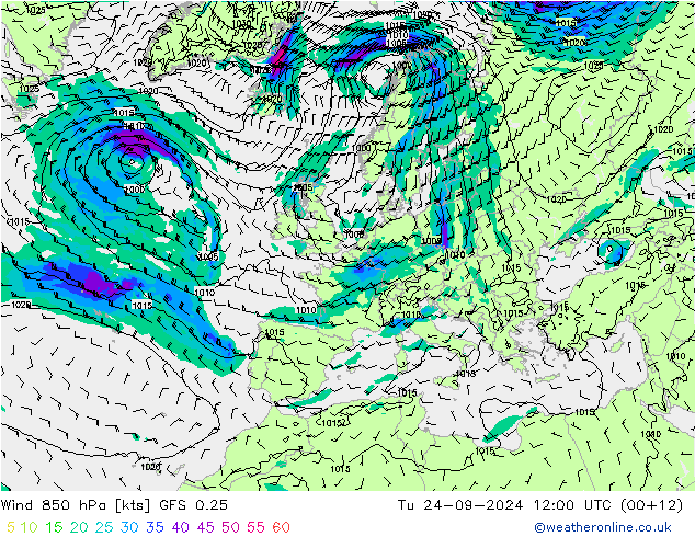 wiatr 850 hPa GFS 0.25 wto. 24.09.2024 12 UTC