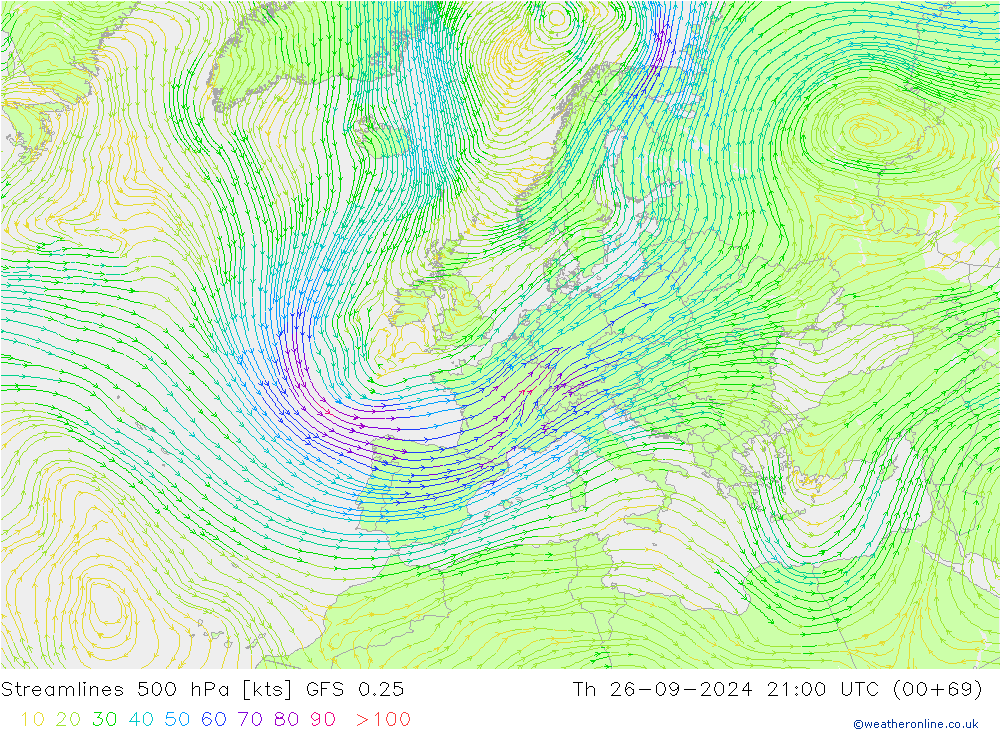 Streamlines 500 hPa GFS 0.25 Th 26.09.2024 21 UTC