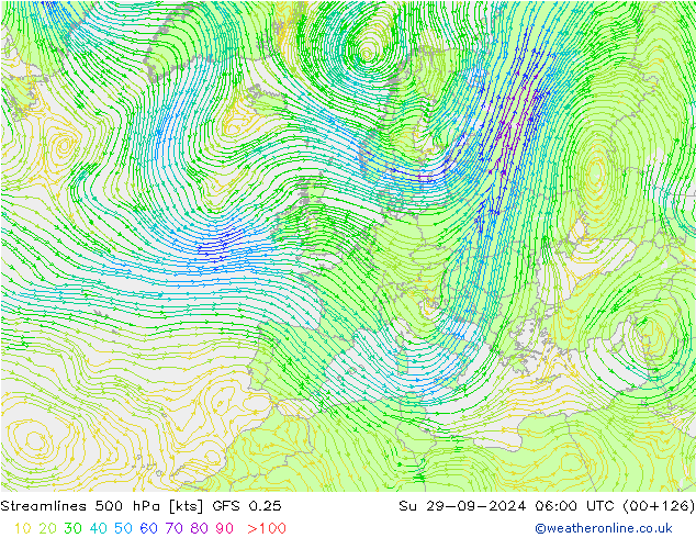 Linea di flusso 500 hPa GFS 0.25 dom 29.09.2024 06 UTC