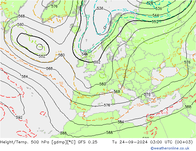 Z500/Rain (+SLP)/Z850 GFS 0.25 Tu 24.09.2024 03 UTC