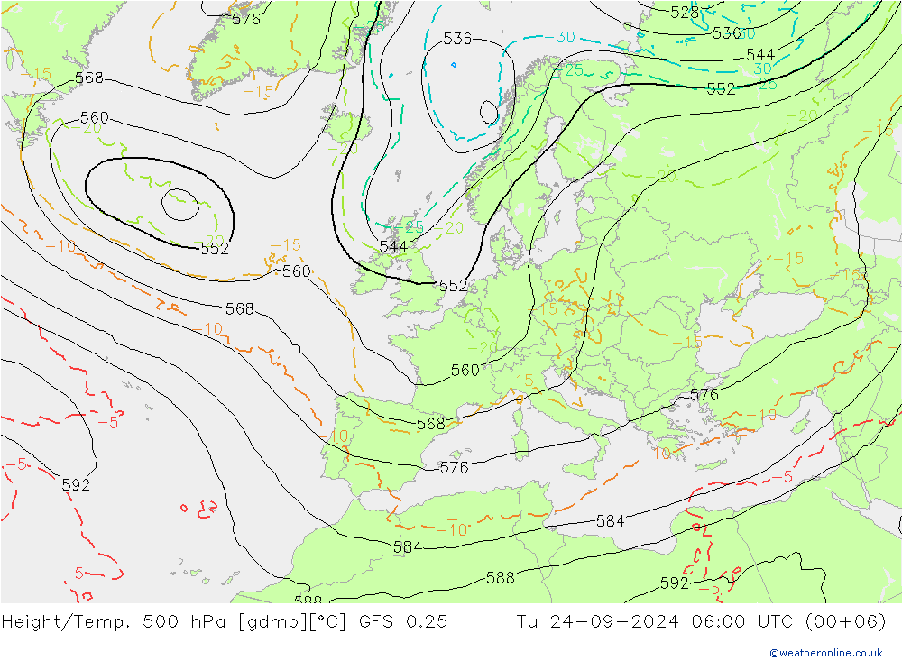 Z500/Rain (+SLP)/Z850 GFS 0.25 星期二 24.09.2024 06 UTC