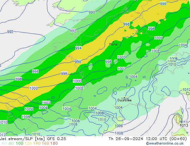 Jet stream GFS 0.25 Qui 26.09.2024 12 UTC