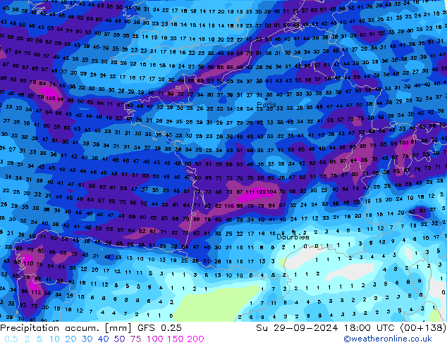 Precipitation accum. GFS 0.25 Su 29.09.2024 18 UTC