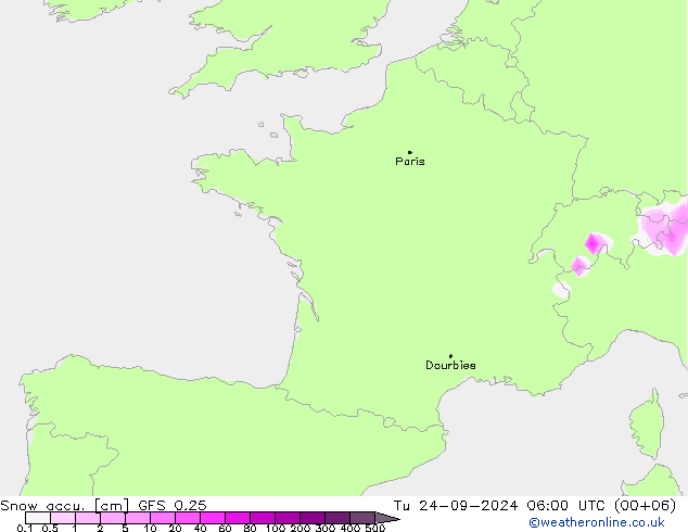 Snow accu. GFS 0.25 Tu 24.09.2024 06 UTC